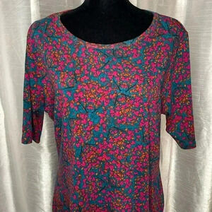 LuLaRoe Julia NWT Women’s 2XL Short Sleeve Maroon Blue Orange Midi T Shirt Dress
